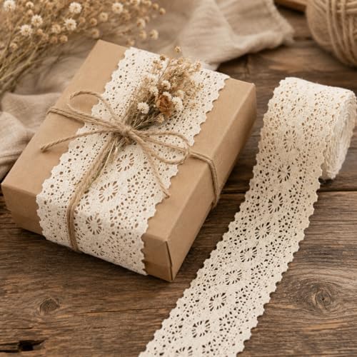 Beige Lace Ribbon 8 Yards Crochet Lace Trim Extra Wide Cotton Sewing for Crafts, Gift Package Wrapping, Bridal Wedding Decoration, Scrapbooking Supplies
