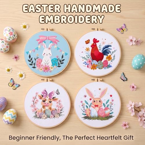 Harimau Adult Beginner Embroidery Starter Kit, Complete Set with 4 Patterns, 2 Hoops, Needles, Scissors, Instruction Guide & Stitching Video Tutorials