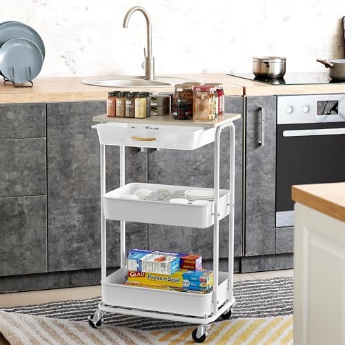 Simple Houseware 3-Tier Rolling Utility Cart with Drawer & Wood Top, Maple