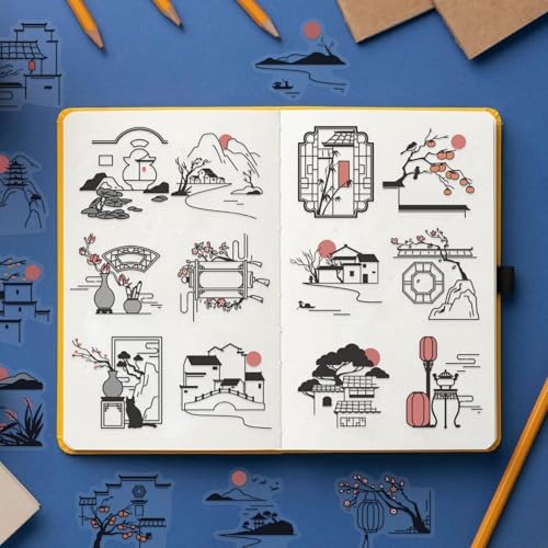 50pcs Black and White Stickers for Laptop Water Bottles, Transparent PET Waterproof Adhesive Ancient Style Sketches Decals for Kids Birthday Party Scrapbook Phone (Black and White)