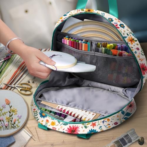 FINPAC Embroidery Project Bag, Embroidery Supplies Storage Carrying Tote Case with Multiple Pockets for Floss, Hoops, Thread, Stitch Tools Kit [Bag Only], Apricot Bloom