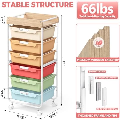 SYKIARIOL Rolling Cart with 6 Drawers,Craft Organizer and Storage,Rainbow