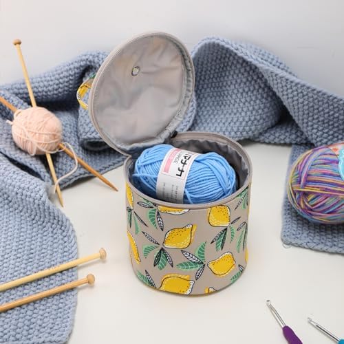 Mini Yarn Storage Small Size Yarn Bag for Crocheting with Holes,Empty Round Knitting Tote Bags protable Yarn Holder,Perfect for Travel,Beginner & Crocheter(Yellow Lemon)