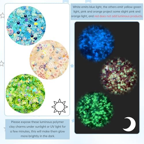 8 Colors Luminous Clay Slices Charms, VEINARDYL 3D Nail Art Slices Fruit Flower Butterfly Themed Glow in The Dark with Imitation Pearl Sequins for DIY Crafts Resin Slime Making Cellphone Decor