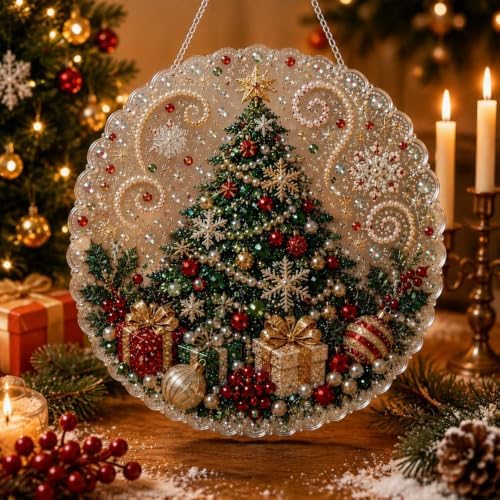 Christmas Pearl Diamond Painting Suncatcher Kit, Pearl Diamond Art Kits for Adults | 3D Mixed-Sized Christmas Bead Art Craft with Acrylic Round Board for Home Decor and Holiday Gifts (Style C)