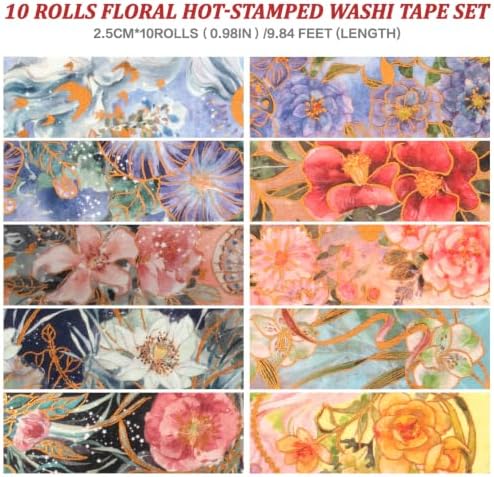 Flowers Washi Tape, 10 Rolls Aesthetic Decorative Foil Masking Tape Set with Gift Box, Decorative Tape for Bullet Journal, DIY Craft, Scrapbook Supplies