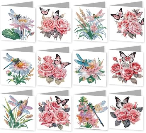 C'eitura 12Pcs Butterfly & Dragonfly Diamond Art Painting Greeting Card Kit with Envelopes, DIY Nature Theme Christmas Birthday Thanksgiving Card Making Set, Garden Inspired Handmade Card Craft