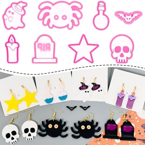 Xaekicr Halloween Polymer Clay Cutters Set – 8Pcs Clay Earring Cutters for Polymer Clay Jewelry, Ghost Bat Skull Pumpkin Shapes Clay Tools and Molds for DIY Crafts