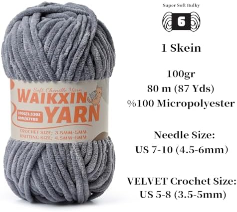 （2 Grey） 2 Pack Super Soft Fuzzy Chenille Chunky Yarn for Crocheting, 200g (175yds) Fluffy Velvet Yarn for Hand Knitting Baby Blankets Weaving Craft