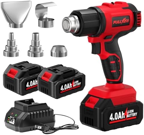 Cordless Heat Gun, Max 550°C (1022°F), Hot Air Gun Kit with 5 Nozzles & 2x4.0Ah Batteries, Fast Heating, 2-Temperature Setting, Portable Heat Gun for Shrink Tubing, PVC Wrap, Crafts (Red)