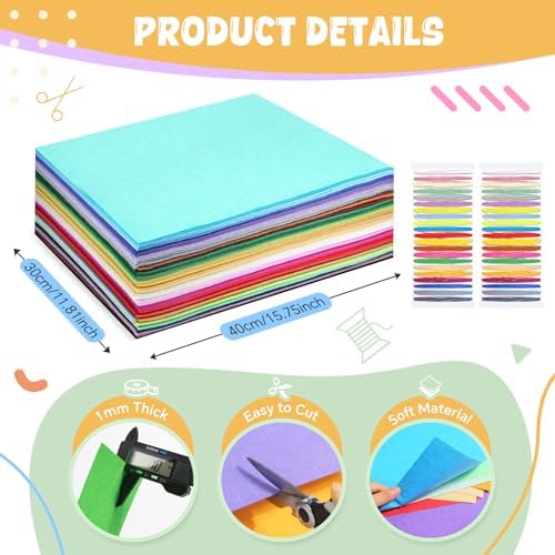 moinkerin 50Pcs Felt Sheets for Crafts with Thread 12"x16" Felt Fabric Sheets Assorted Colors 1mm Stiff Felt for Crafting DIY Handwork Sewing Patchwork (50 Colors)