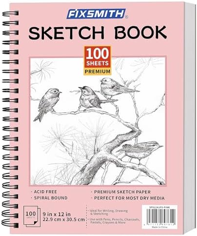 FIXSMITH 9"X12" Sketch Book, 100 Sheets, 68 lb/100gsm Sketchbook, Pink