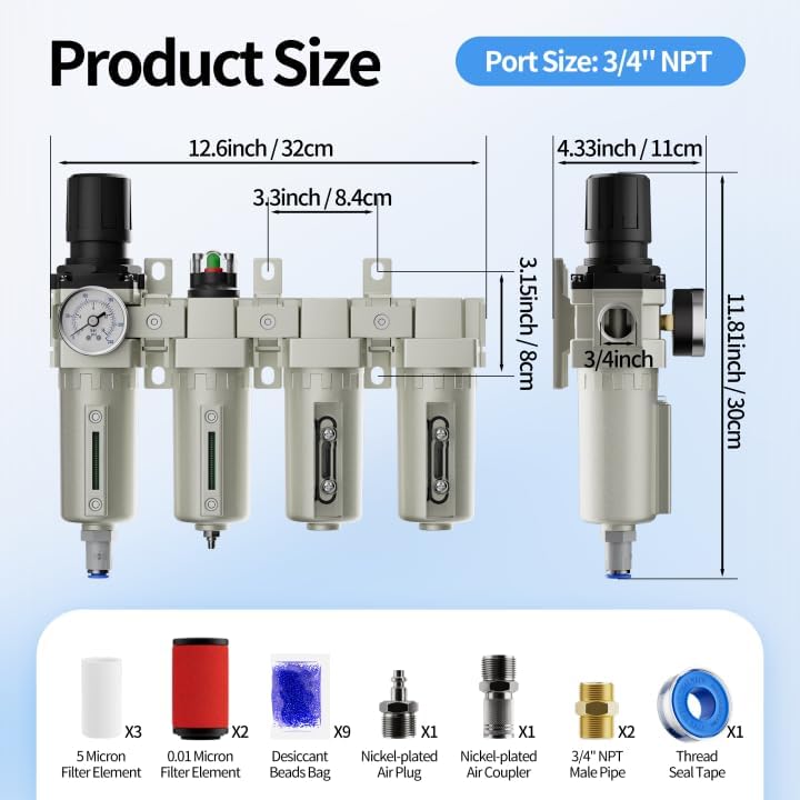 3/4" NPT Air Compressor Water Separator, Industrial 4 Stage Air Drying System for Compressor, High Flow Air Filter Regulator Auto Drain Oil Water Separator for Sandblasting & Spray Painting