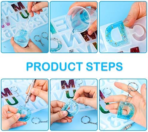 Mocoosy 134Pcs Alphabet Keychain Resin Molds Kit, Reversed Letter Number Silicone Mold Epoxy Resin Casting Molds Key Chain Making Set with 1 Hand Drill 2 Drill Bits 30 Key Rings 100 Screw Pin