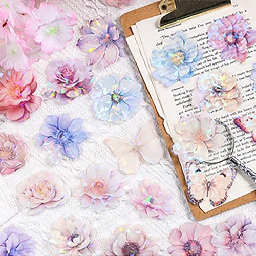 Doraking 60 Pieces Glitter Shiny Flower Stickers for Journaling Art Crafts | Waterproof Decorative Decal for Scrapbooking Supplies Journal Planners Photo Album Decor (Colorful)