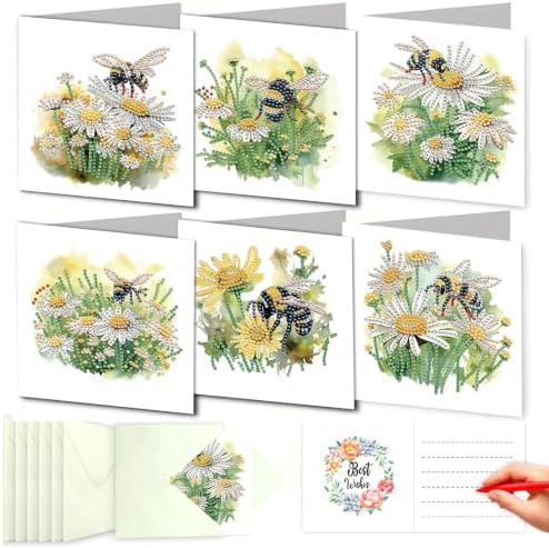 LSQFS 6PCS Daisy&Bee Floral Diamond Painting Greeting Cards with Envelopes
