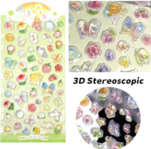 3D Cute Stickers Cartoon Butterfly Flowers Green Fruit Puff Stickers Kawaii Mini Puffy 3D Reusable Puffy for Scrapbooks Planner Journals Laptops Phone Case Decoration