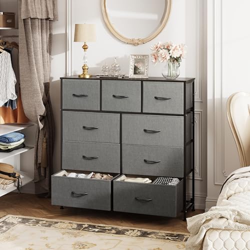WLIVE Tall Dresser for Bedroom, 9 Drawer Chest of Drawers, Dark Grey | 9 roomy fabric drawers, Tall storage design, Bedroom or closet use, Sturdy steel frame, Smooth wood tabletop