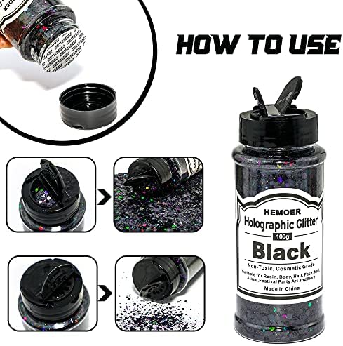 HEMOER Black Glitter, 100g/3.5oz Holographic Chunky Glitter Mixed Hexagon Chunky & Fine Flakes Iridescent Sequins for Epoxy Crafts, Resin, Nail Body, Tumblers, Festival Party