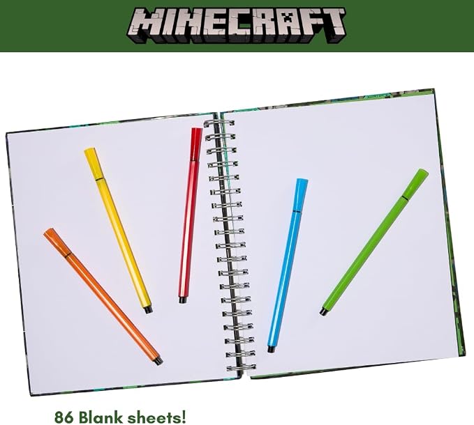 Minecraft Sketchbook Set, 5 Washable Markers, Spiral Bound, 86 Blank Pages