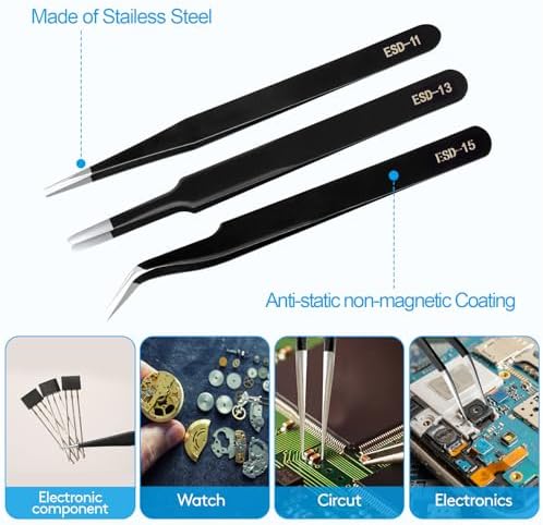 YHYZ 3PCS Precision Tweezers Set, Premium Stainless Steel Anti-Static ESD Tweezes, Suitable for Tweezers, for Craft, Electronic, Soldering, Model, Hobby, Jewelry Making Laboratory