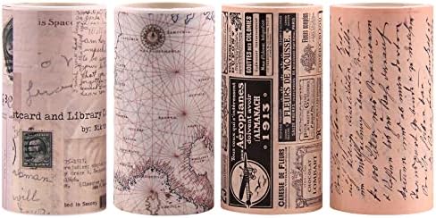 Dizdkizd Vintage Washi Tape Wide, Junk Journal Supplies, Map Newspaper Masking Tapes Stickers, Arts & Crafts Tape, Great for Vintage Journals, Gift Wrapping, 3 Inches × 4 Rolls