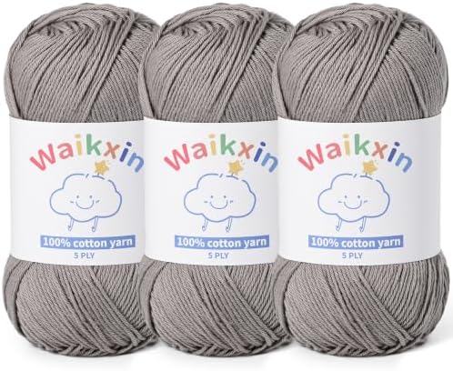 3 Pack of 100% Cotton Yarn for Crocheting,Baby Yarn for Crocheting Soft,5 Ply Milk Cotton Yarn,#2 Sport Weight Cotton Yarn,10.6oz/787.4yds Amigurumi Yarn for Puzzle,Clothes&DIY Crafts.(3 Grey)