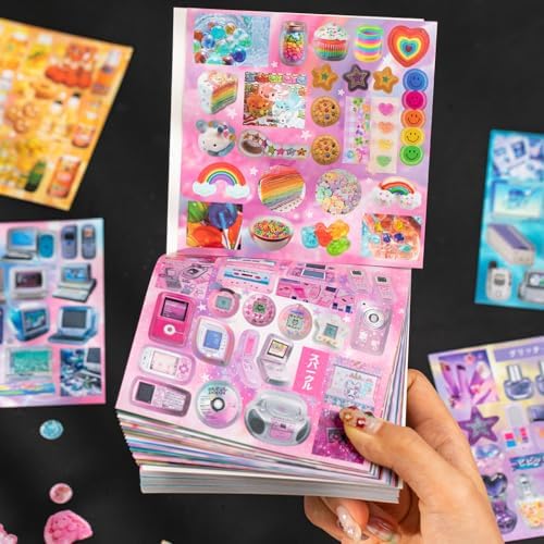 Japanese Retro Sticker Book, 800 Cartoon Stickers Book with Art Coated Paper Creative Activity Stickers for Adults, DIY Scrapbooking Phone Cases Laptops Party Gifts (Neon)