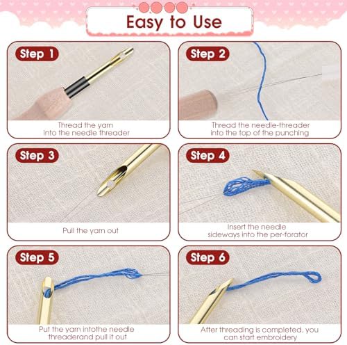 12 Pcs Punch Needle Kit, Embroidery Punch Needle Tool Wooden Handle Embroidery Tool Punch Needle Threader Set for Adults Beginner Yarn Floss Cross Stitching