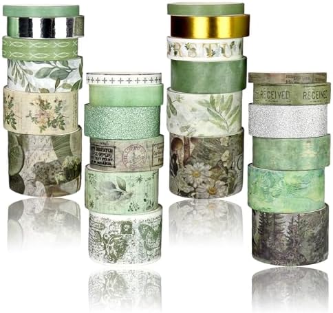 Washi Tape Set, 24 Rolls Vintage Washi Stickers, Assorted Sizes, for Junk Journal Scrapbook Tape, Bullet Journaling Scrapbooking Supplies, Planner Sticker DIY Craft DéCor (Green)
