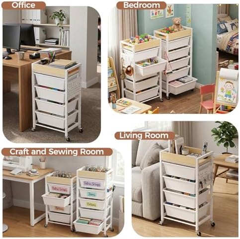 5 Tier Rolling Cart with Drawers, Plastic Drawer Storage Craft Cart with Pegboards & Hooks, Metal Utility Cart with Wheels & Wooden Tabletop, Classroom Office Art Supply Organizers and Storage, White