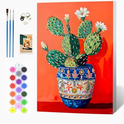 Auremi Cactus Framed Paint by Number for Adults,DIY Flower Painting by Number Kits on Canvas Acrylic Oil Painting Kits for Adults Paint by Number Kits for Home Decor 20x30cm