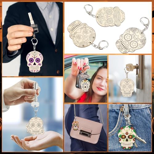 Trnayi 36 Pcs Day of The Dead Wood Keychain Color Your Own DIY Craft | Day of The Dead Wooden Keychain, Color Your Own Unfinished Craft, Blank Wood Painting DIY Craft, for Home Handcraft Project