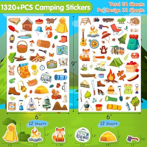 LINAYE 24 Sheets Camping Stickers for Kids, 1320 PCS Nature Camp Stickers, Waterproof Self Adhesive Summer Crafts, Camping Party Favors Supplies Rewards for Kids