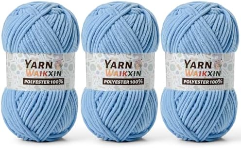 3 Pack Soft Chenille Yarn for Crocheting, Fluffy Chunky Crochet Yarn for Baby Blanket, (5.29oz/196.8yds) Fuzzy Velvet Yarn for Amigurumi&DIY Puzzle、Crafts、Scarf(3 Azure)