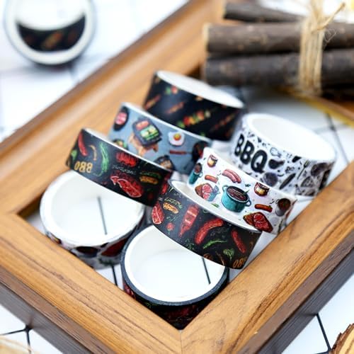 12 Rolls Watercolor BBQ Themed Washi Tape Set,6 Design Grilling Decorative Tape Summer Food Theme Masking Tape for Journaling Supplies, Scrapbooking, DIY Arts & Crafts, Planner, Gift Wrapping