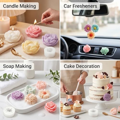 9 Pcs Flower Molds Silicone Candle Molds for Candle Making, Daisy Peony Rose Carnation Hydrangea Plumeria Daffodil 3D Soap Mold for Soy Wax, Beeswax, Soap Making, Resin Craft