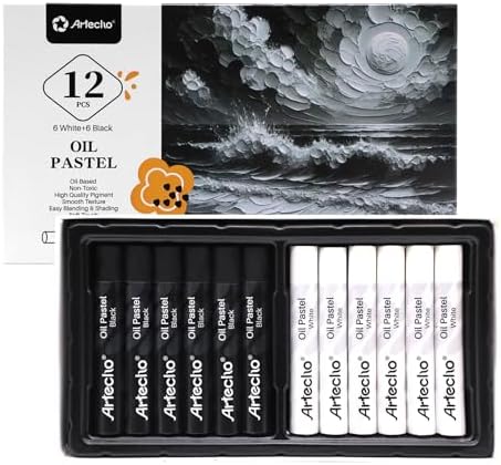 Artecho Oil Pastels Set of 12 PCS, 6 White and 6 Black (10 x 70 mm) | Soft Oil Pastels, For Art Painting, Drawing, Blending, For Artists, Beginners, Students, Teachers