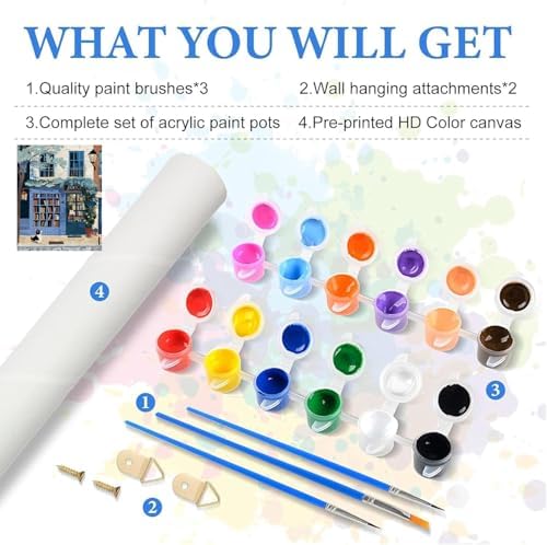 KYOQFVN Book Store Paint by Numbers Kit for Adults - Street Paint by Number Kits on Canvas, DIY Acrylic Painting Kit for Home Wall Decor 16x20 Inch