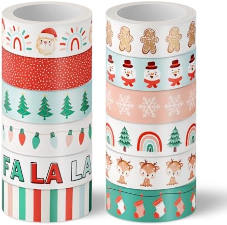 JarThenaAMCS 12 Rolls Christmas Boho Washi Tape Xmas Tree Santa Claus Snowman Colorful Decorative Masking Tape for Winter Scrapbook Journal DIY Art Craft Gift Wrapping