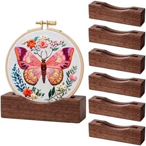 Chunful 6 Pcs Embroidery Hoop Display Stand Wooden Embroidery Frames Holder 2 Tier Groove Cross Stitch Hoop Stand Base Accessories for Display Home Exhibition (5.31" X 1.3" X 1.5",Walnut Color)