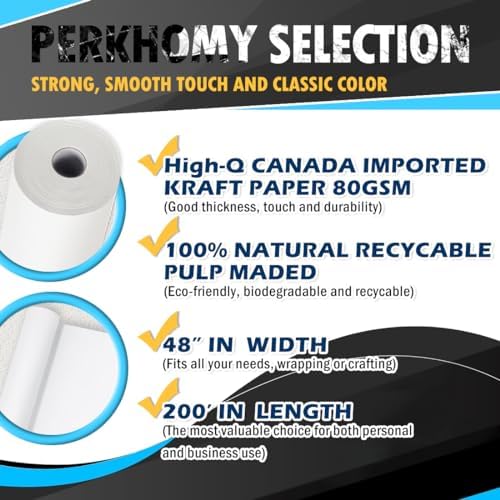 PerkHomy 48" x 2,400" (200') White Kraft Paper Roll for Craft Bulletin Board Paper Art Table Covering Crafting Gift Wrapping Bouquet Packing Parcel 80GSM 55LB (White, 48" x 200')