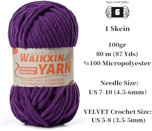（2 Deep Purple） 2 Pack Super Soft Fuzzy Chenille Chunky Yarn for Crocheting, 200g (175yds) Velvet Fluffy Amigurumi Yarn for Hand Knitting Baby Blankets Weaving Craft