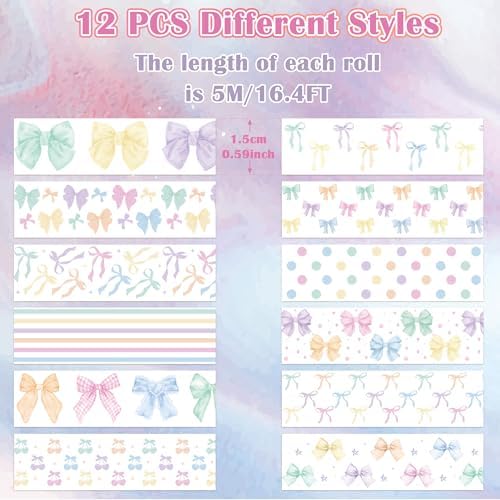 Watercolor Bow Washi Tape - 12 Rolls Colorful Watercolor Bow Pastel Preppy Aesthetic Scrapbook Washi Adhesive Glue Masking Tape Set School Office DIY Craft Scrapbooking Junk Journal Supplies