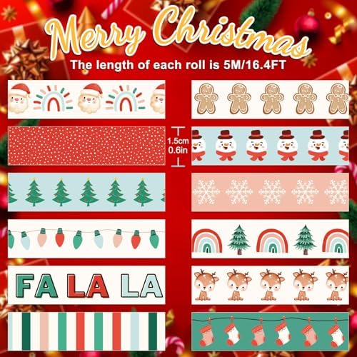 JarThenaAMCS 12 Rolls Christmas Boho Washi Tape Xmas Tree Santa Claus Snowman Colorful Decorative Masking Tape for Winter Scrapbook Journal DIY Art Craft Gift Wrapping