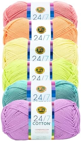Lion Brand Yarn, 24/7 Cotton Mercerized Lightweight Yarn for Knitting, Crochet, and Crafts, Candy Coated, 6 Pack, Multicolor Pack of Natural Fiber for Breathable Tops, Durable Bags, and Dish Cloths