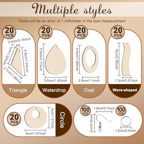 300 Pieces Unfinished Wooden Earrings Blanks for Earring Pieces 5 Shapes Wood Pendants with 100 Pcs Earring Hooks and 100 Pieces Jump Rings for DIY Craft Jewelry Making