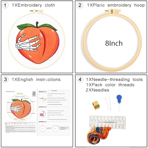 Hand Bone Embroidery Kits for Beginners Adults, Peach Embroidery Starters Kits, Halloween Stamped Cross Stitch Kits DIY Needlepoint Kits for Beginners Adult, Embroidery Hoop, Thread and Video Tutorial