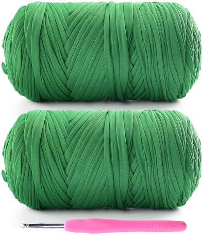 2 Pack T-Shirt Yarn for Crochet - 800 g/260 yds Elastic Fabric T-Shirt Yarn with 1 Crochet Hook (2, Grass Green)