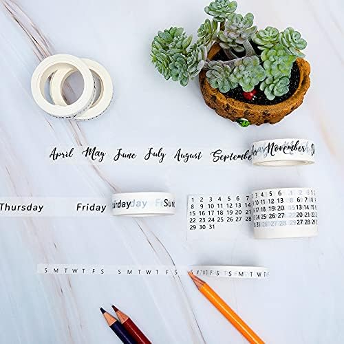 Chuangdi 9 Rolls Calendar Washi Tape Set,White | Vintage Day Week Month Date Number Calendar Washi for Journaling, Planner Decoration, Journal Labels, Arts Crafts